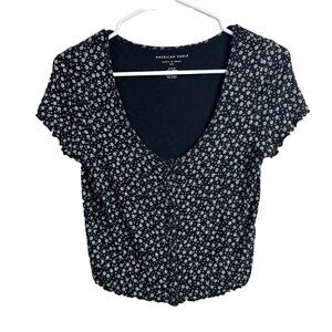 American Eagle Women's Navy Floral Short Sleeve Shirt Size Medium Ribbed Cropped
